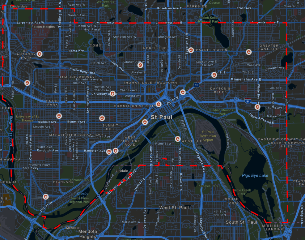 City of St. Paul Minnesota, showing roads and fire stations